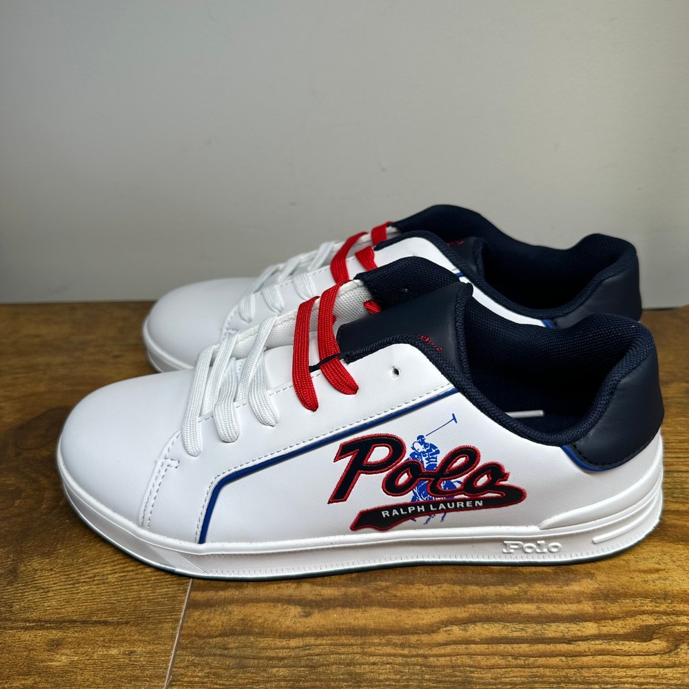 Polo Ralph Lauren Heritage Court III Graphic White Navy Red Sneakers Kids Size 6 - Picture 4 of 10
